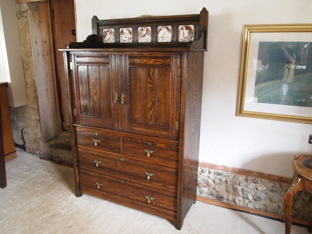 Chest of drawers linen press Oak Arts and Crafts Minton aesops fable tiles c1900