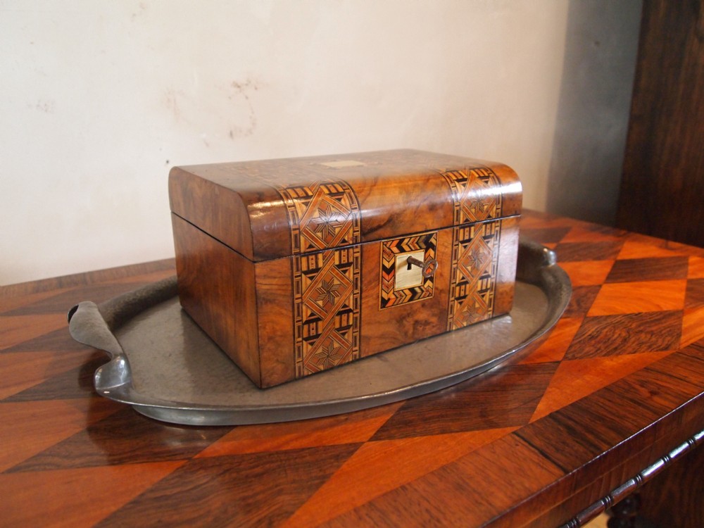 Sewing or work box Victorian figured Walnut and Tunbridge ware inlay c1870