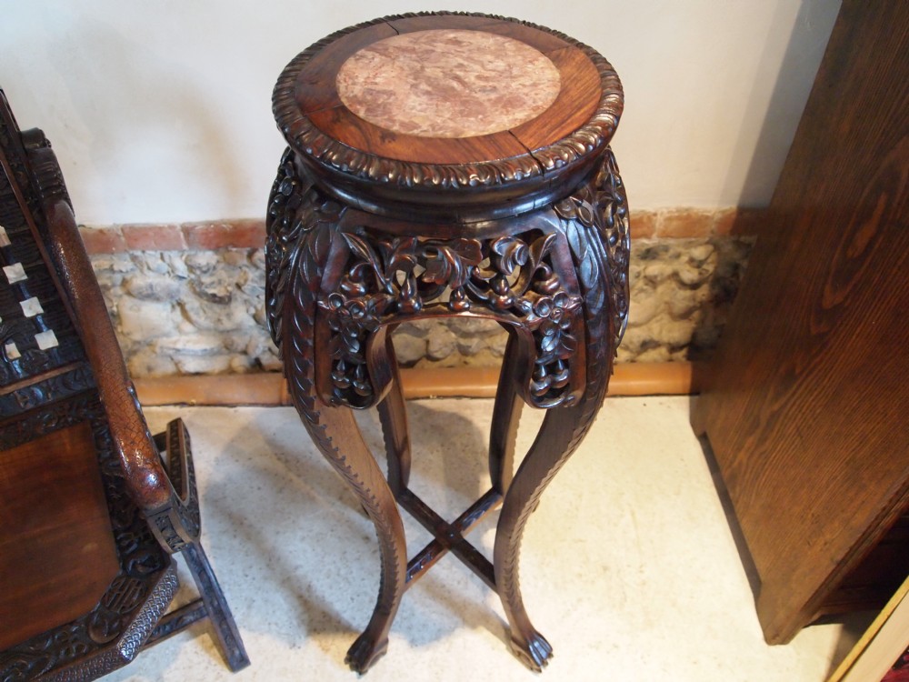 Stand Chinese Edwardian carved Rosewood and Rouge marble jardinere stand c1900