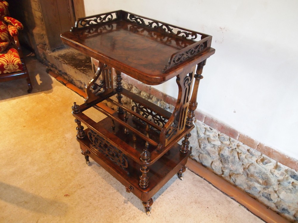 Canterbury table magazine rack fine Victorian burr & figured Walnut c1860