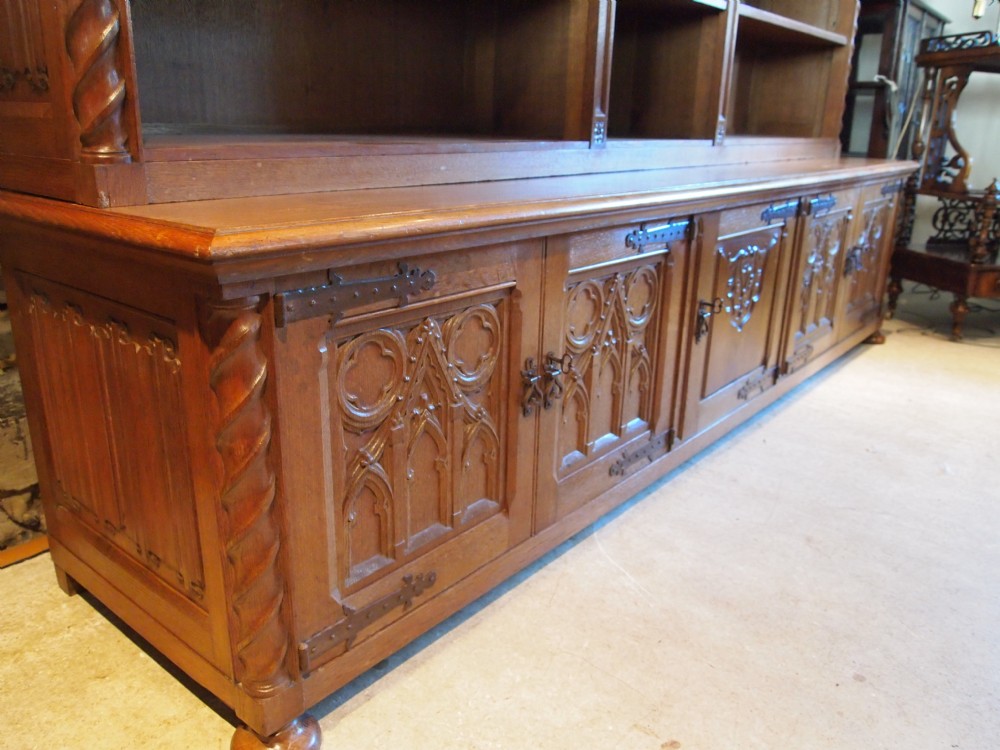 Bookcase magnificent Arts and Crafts Gothic revival Oak carved bookcase c1900