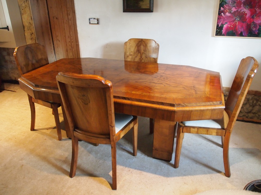 Table and chairs Art Deco figured and burr Walnut c1920