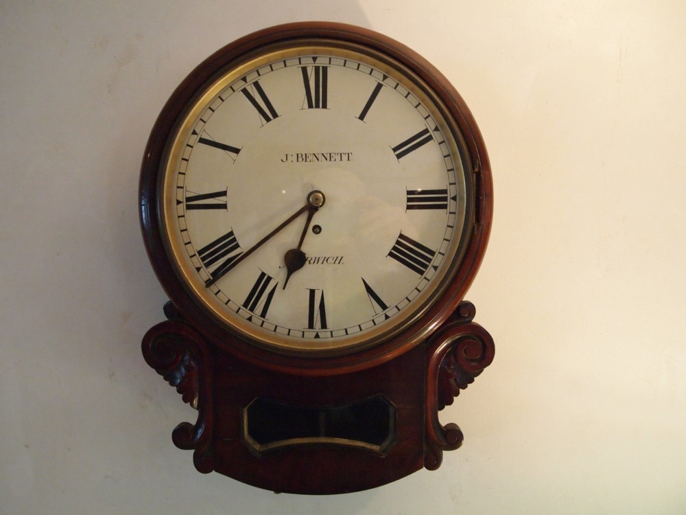 Clock drop dial Victorian Mahogany Fusee wall clock James Bennett Norwich c1835