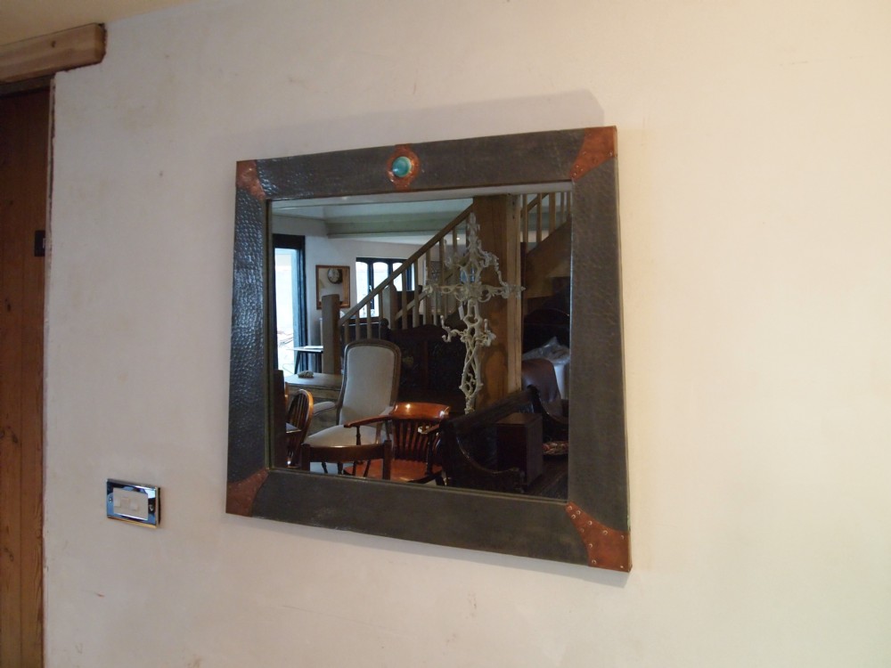 Mirror Arts and Crafts Pewter and Copper frame Ruskin enamel cabachon c1900