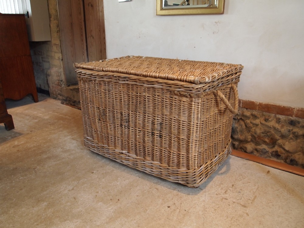Wicker laundry Basket Edwardian cane and hide c1910