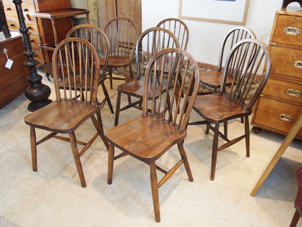 Chairs set of eight Late Victorian kitchen Windsor dining Beech and Elm c1900
