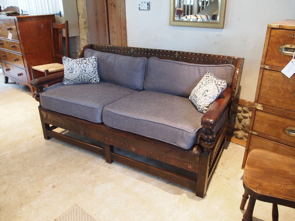Sofa Settee leather and carved beech Arts and crafts c1900