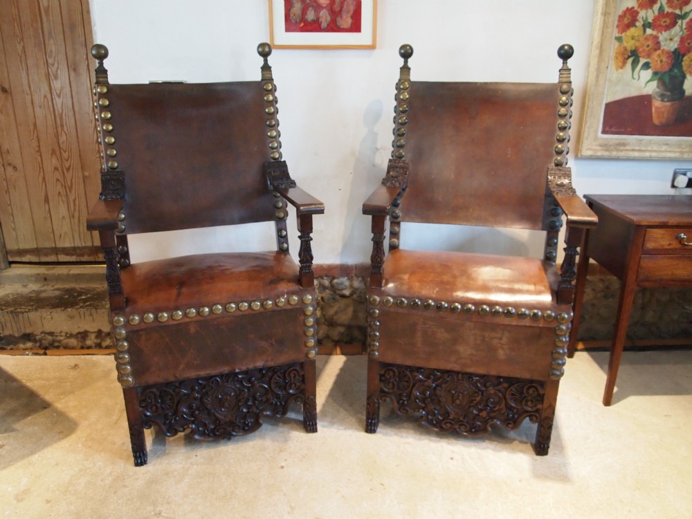 Chairs Stunning pair of Italian Walnut Renaissance carved throne chairs c1850