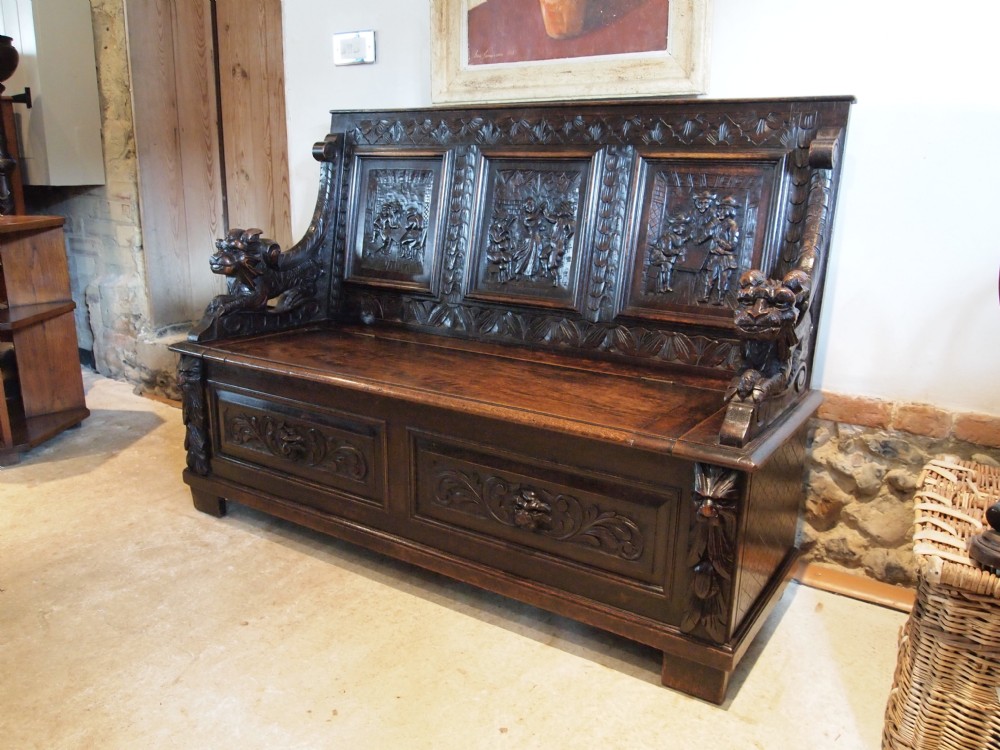 Settle bench pew fine quality Victorian carved Oak c1870