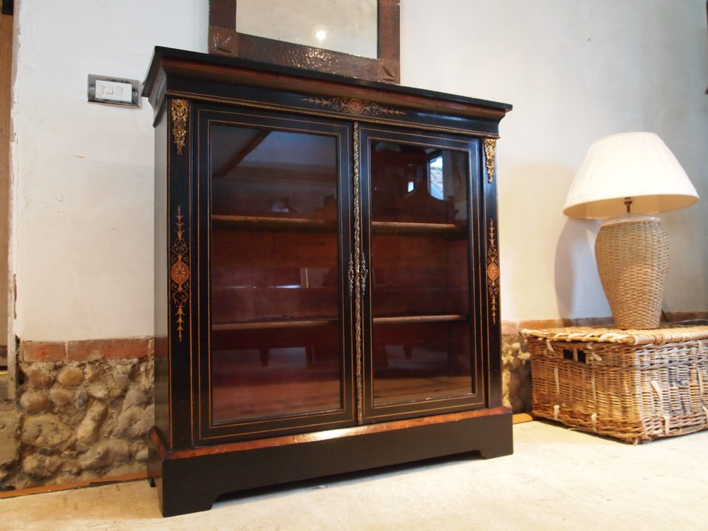 Bookcase display pier cabinet Victorian ebonised and inlaid Amboyna c1870