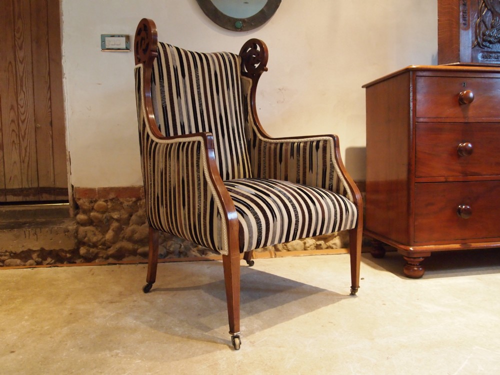 Chair fine quality Victorian Mahogany and inlaid armchair Sanderson fabric c1890