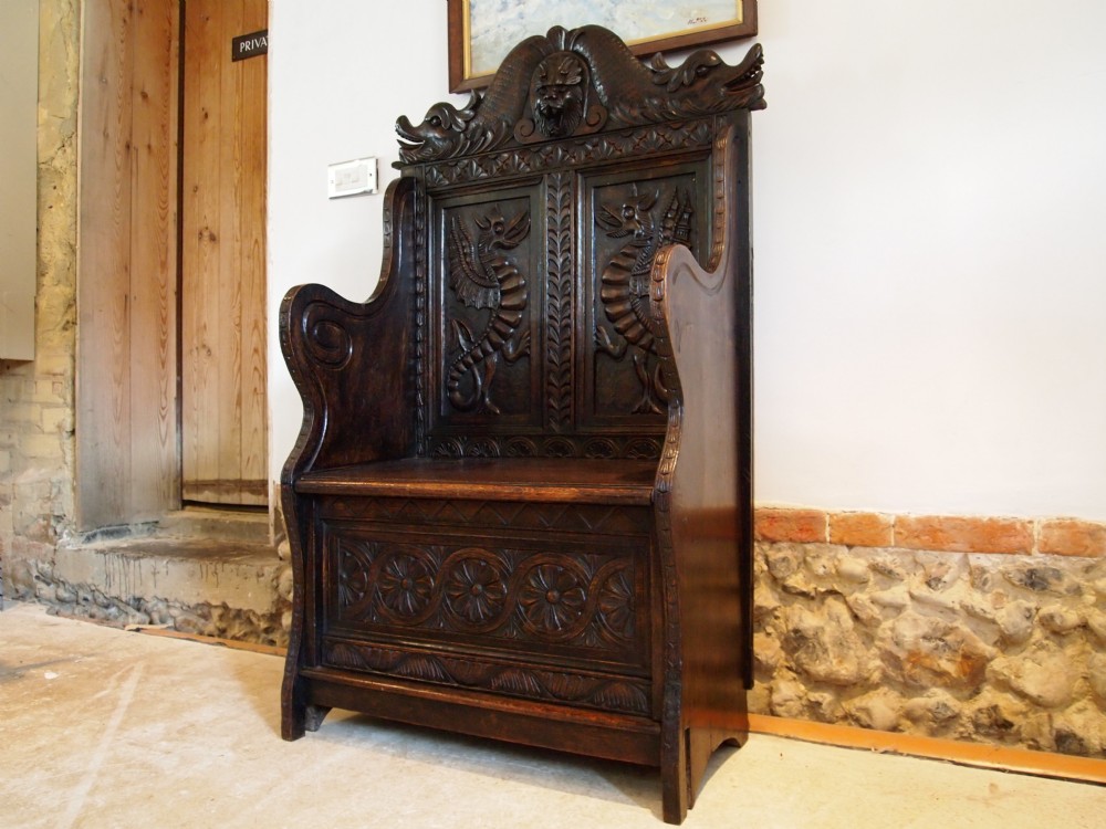 Pew settle bench Victorian carved Oak c1880