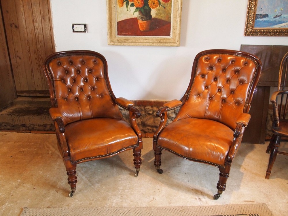 Chairs Victorian Leather library or easy chairs c1840