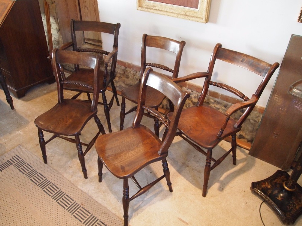 Chairs five Victorian Kitchen dining rope back Windsor chairs c1860