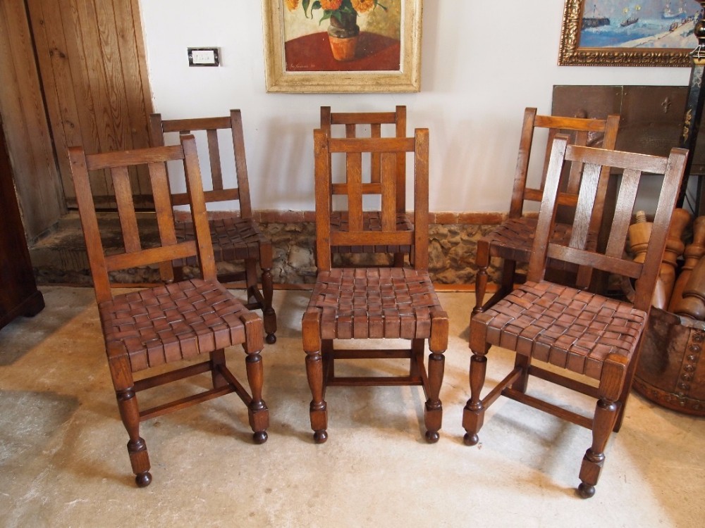 Chairs Arts and Crafts Oak and leather dining chairs c1910