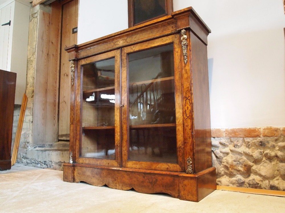Bookcase display cabinet Victorian burr Walnut c1870