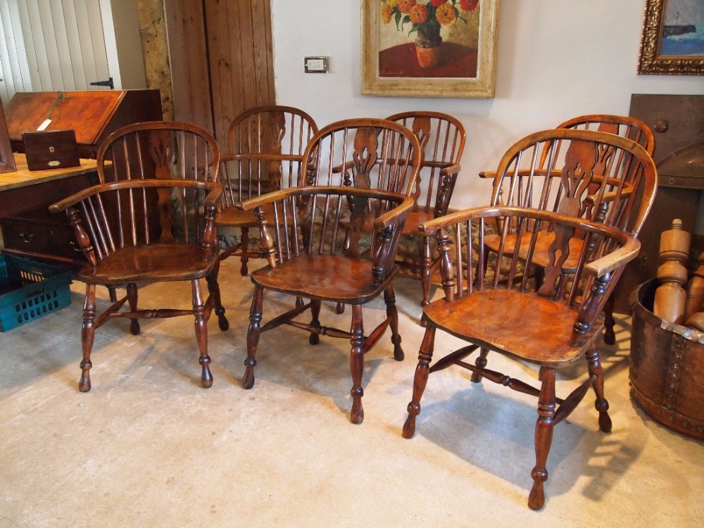 Chairs rare set of six Victorian Windsor armchairs c1860