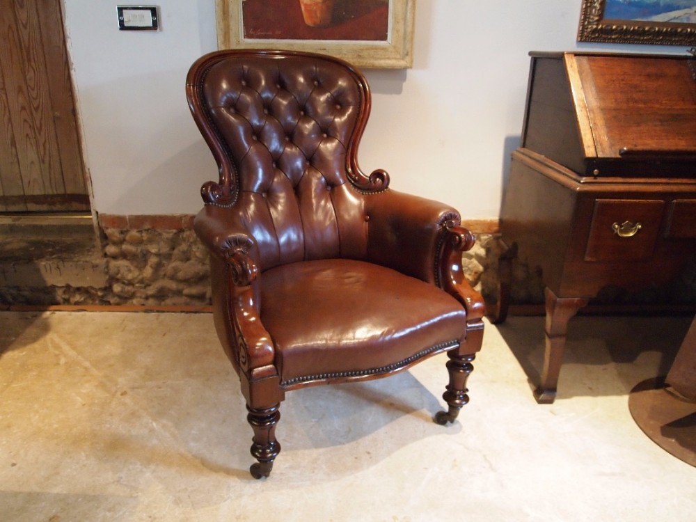 Armchair Victorian Walnut and Leather library chair c1860