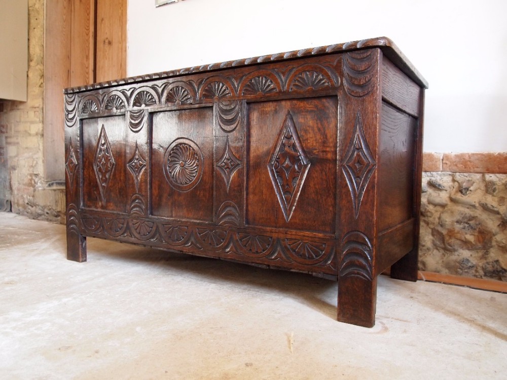 Coffer chest blanket box Victorian carved Oak c1840