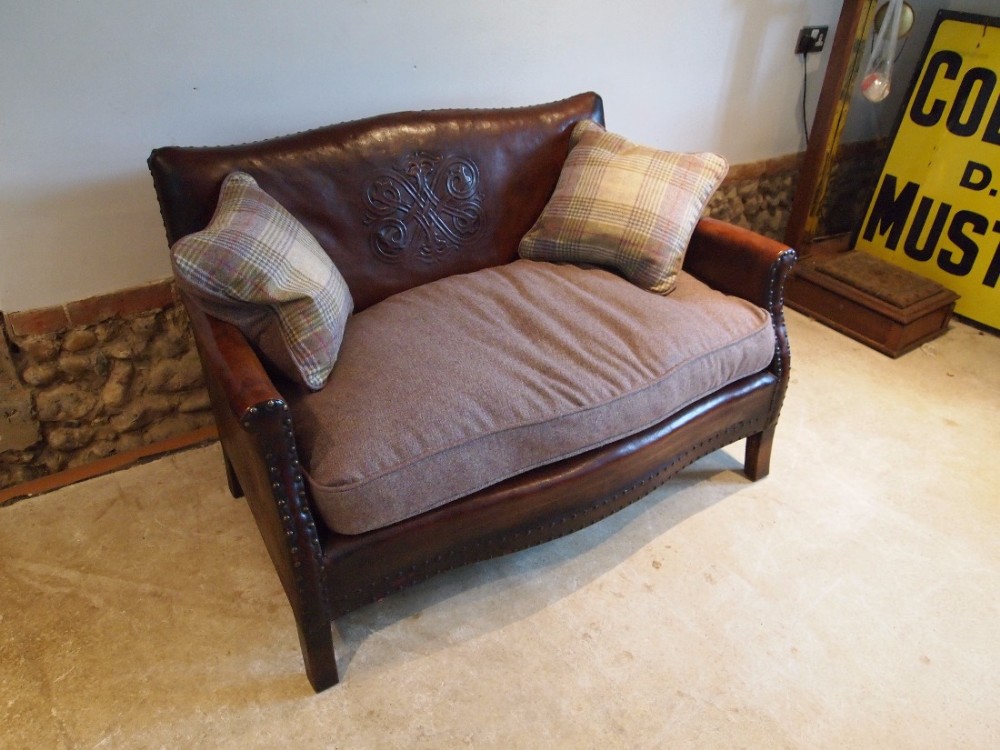 Sofa settee Edwardian Leather club embossed c1910