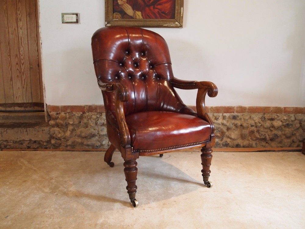 Chair fine quality William IV Oak and Chestnut leather library armchair c1835