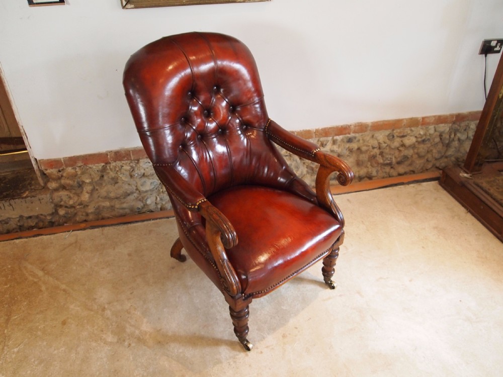Chair fine quality William IV Oak and Chestnut leather library armchair c1835 View II