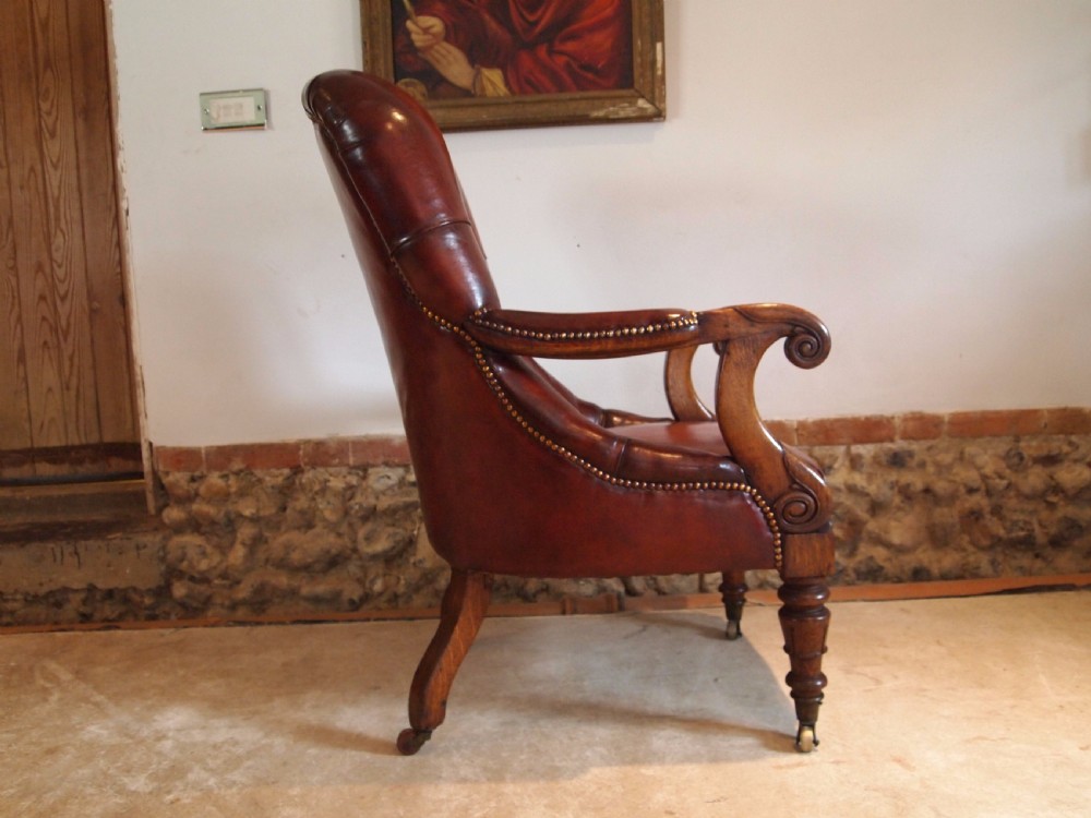 Chair fine quality William IV Oak and Chestnut leather library armchair c1835 View III