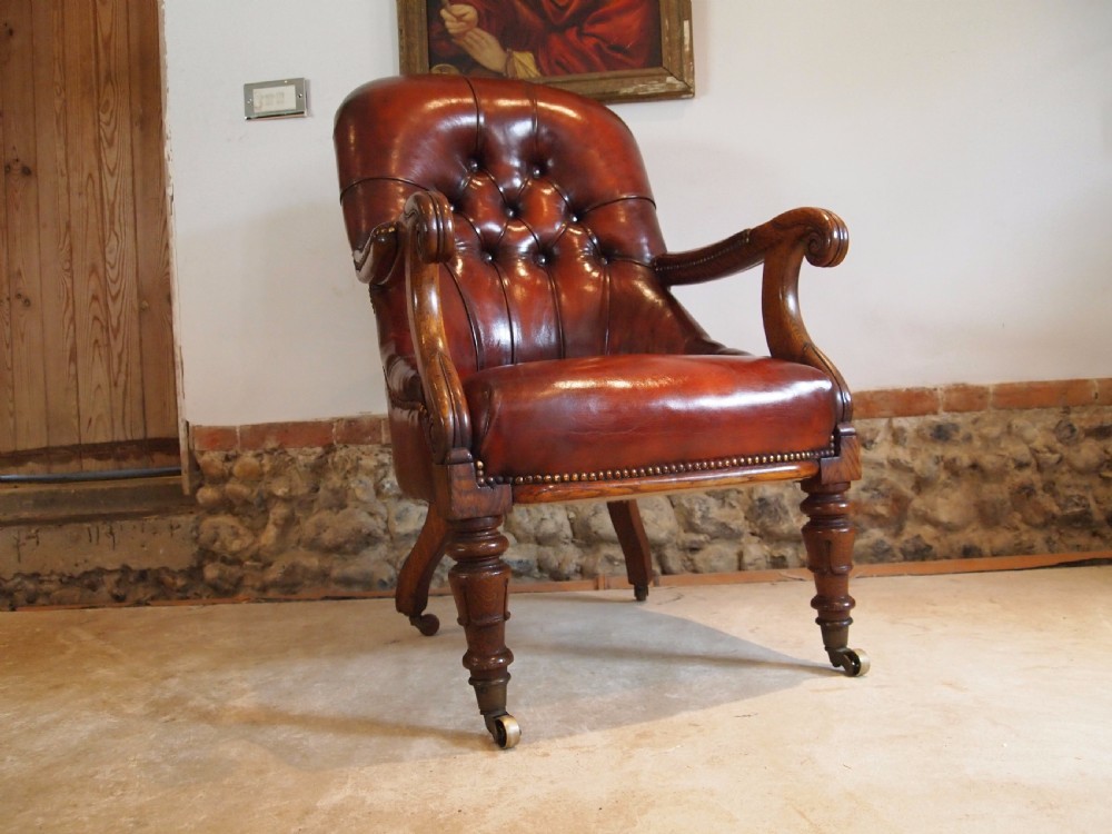 Chair fine quality William IV Oak and Chestnut leather library armchair c1835 View V