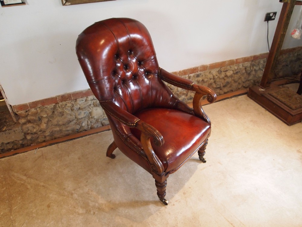 Chair fine quality William IV Oak and Chestnut leather library armchair c1835 View VII