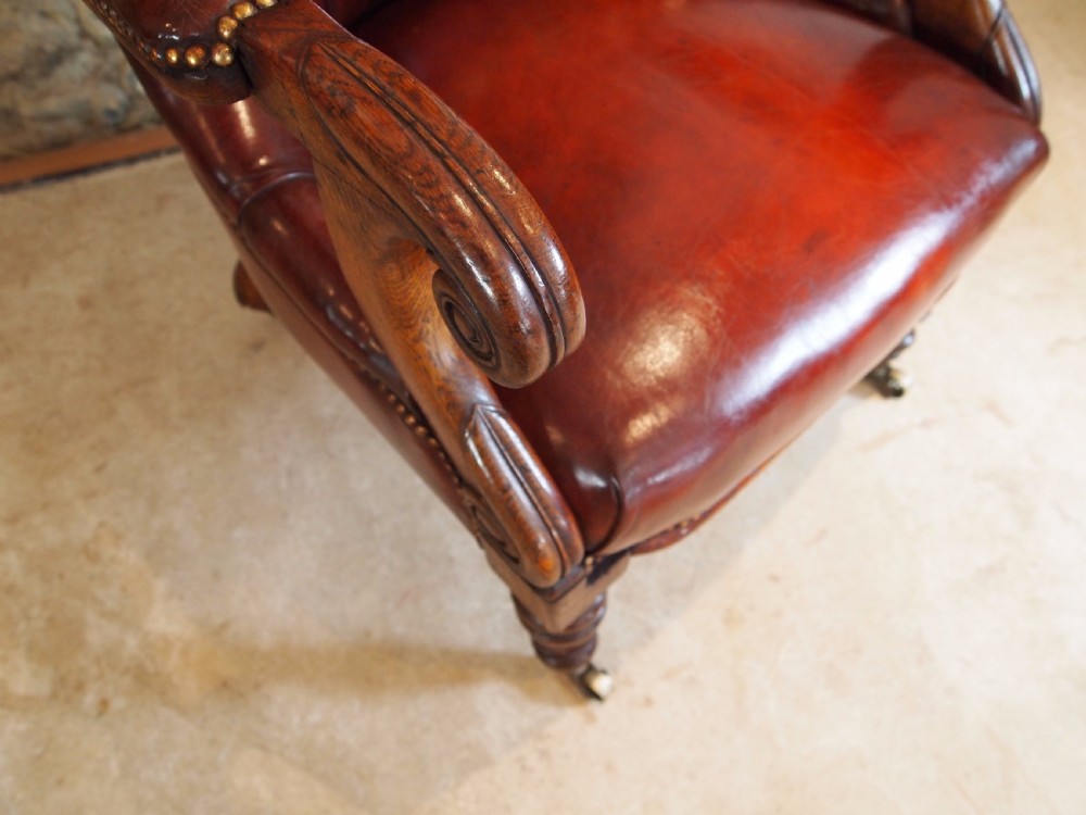 Chair fine quality William IV Oak and Chestnut leather library armchair c1835 View VIII