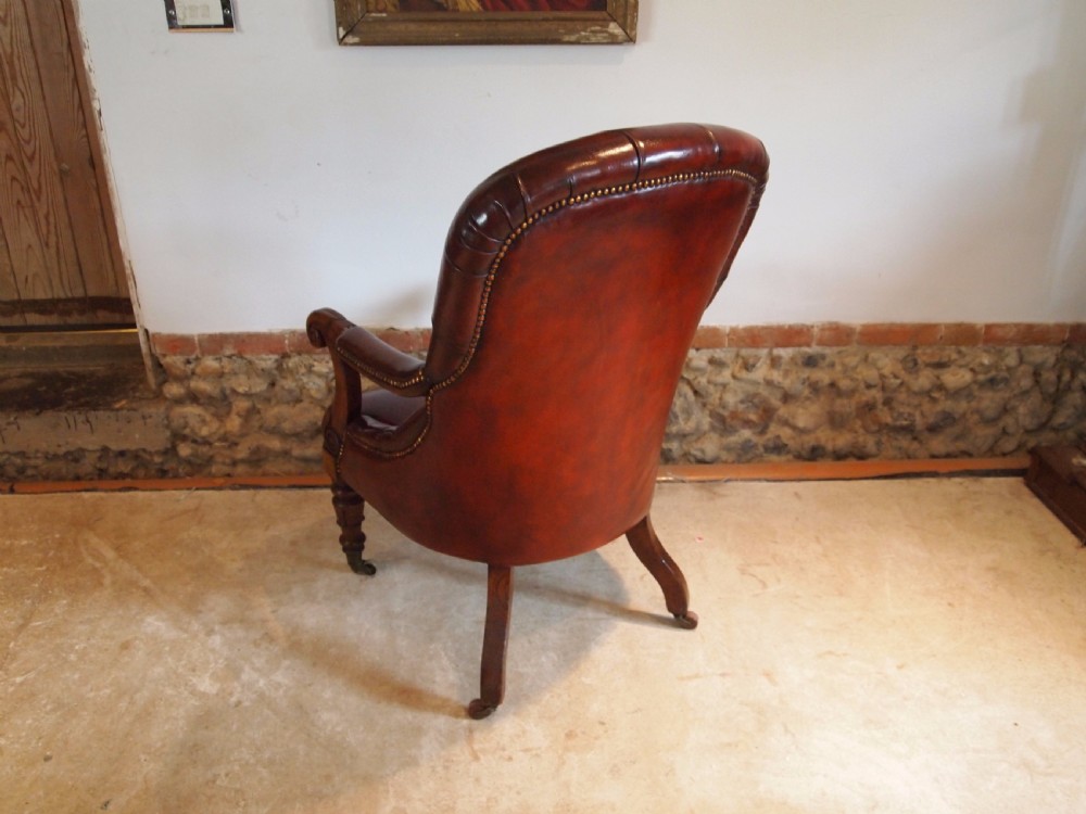 Chair fine quality William IV Oak and Chestnut leather library armchair c1835 View IX