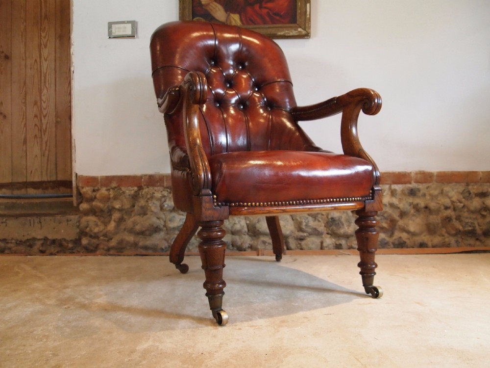 Chair fine quality William IV Oak and Chestnut leather library armchair c1835 View X