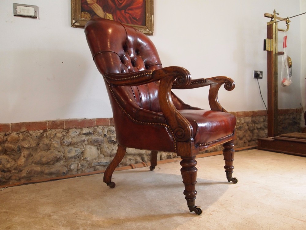 Chair fine quality William IV Oak and Chestnut leather library armchair c1835 View XI