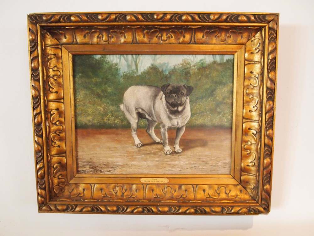 Painting oil on Canvas Pug dog 'Pugin' Edwardian Frank Page d1904