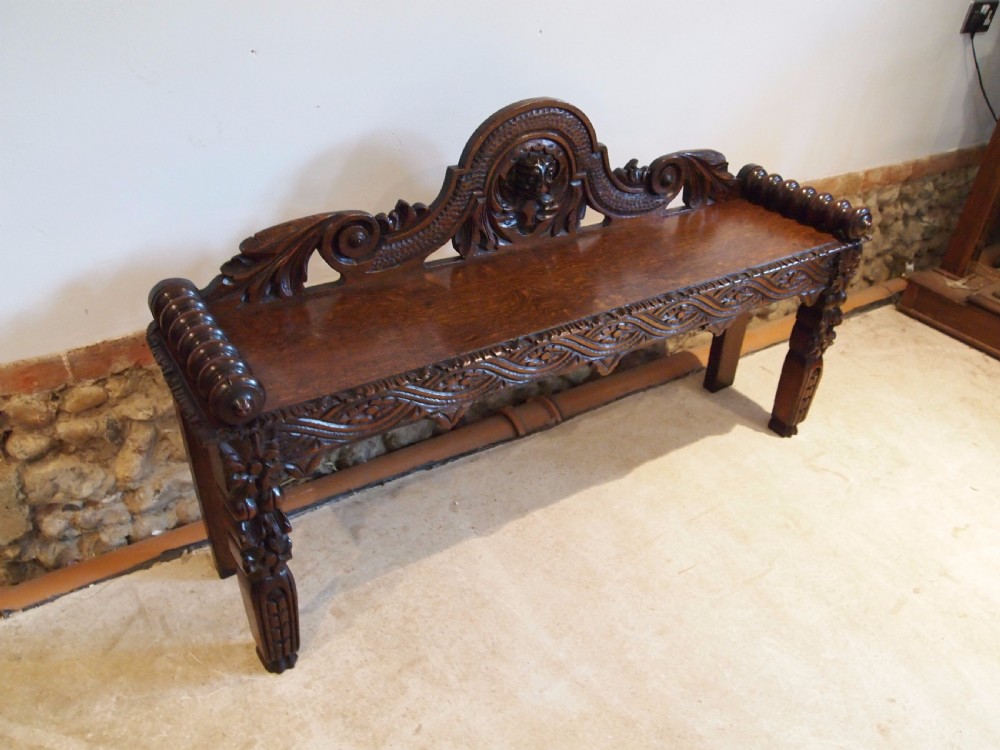 Bench window seat settle pew Victorian Carved Oak c1880