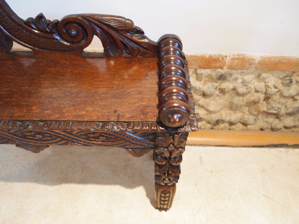 Bench window seat settle pew Victorian Carved Oak c1880 View II