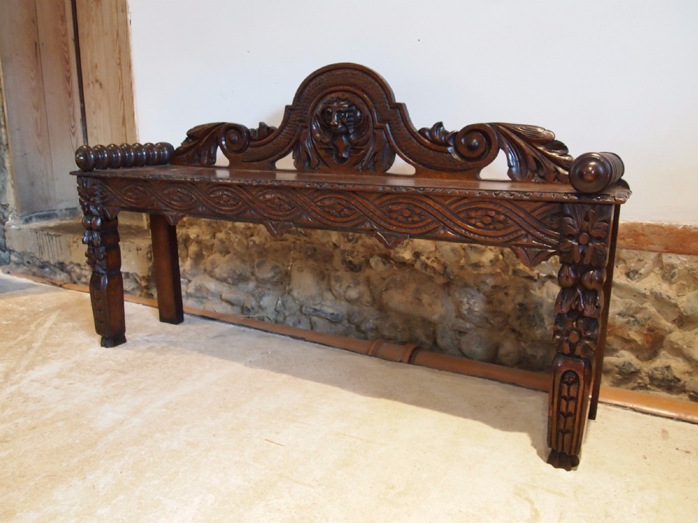 Bench window seat settle pew Victorian Carved Oak c1880 View IV
