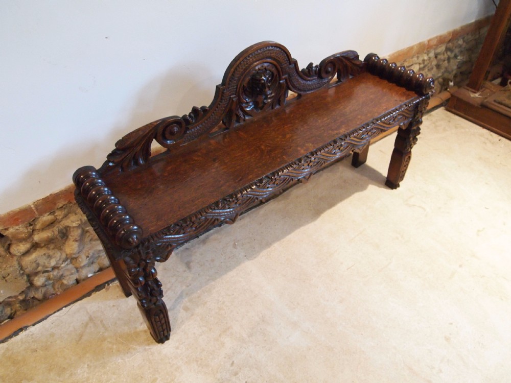 Bench window seat settle pew Victorian Carved Oak c1880 View V