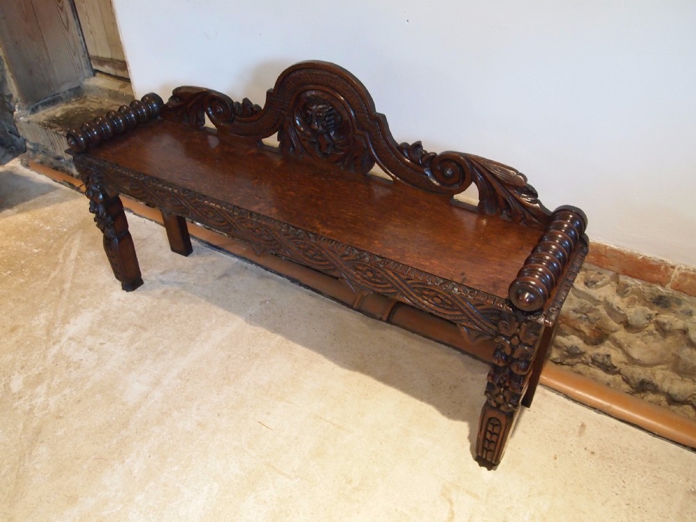 Bench window seat settle pew Victorian Carved Oak c1880 View VIII