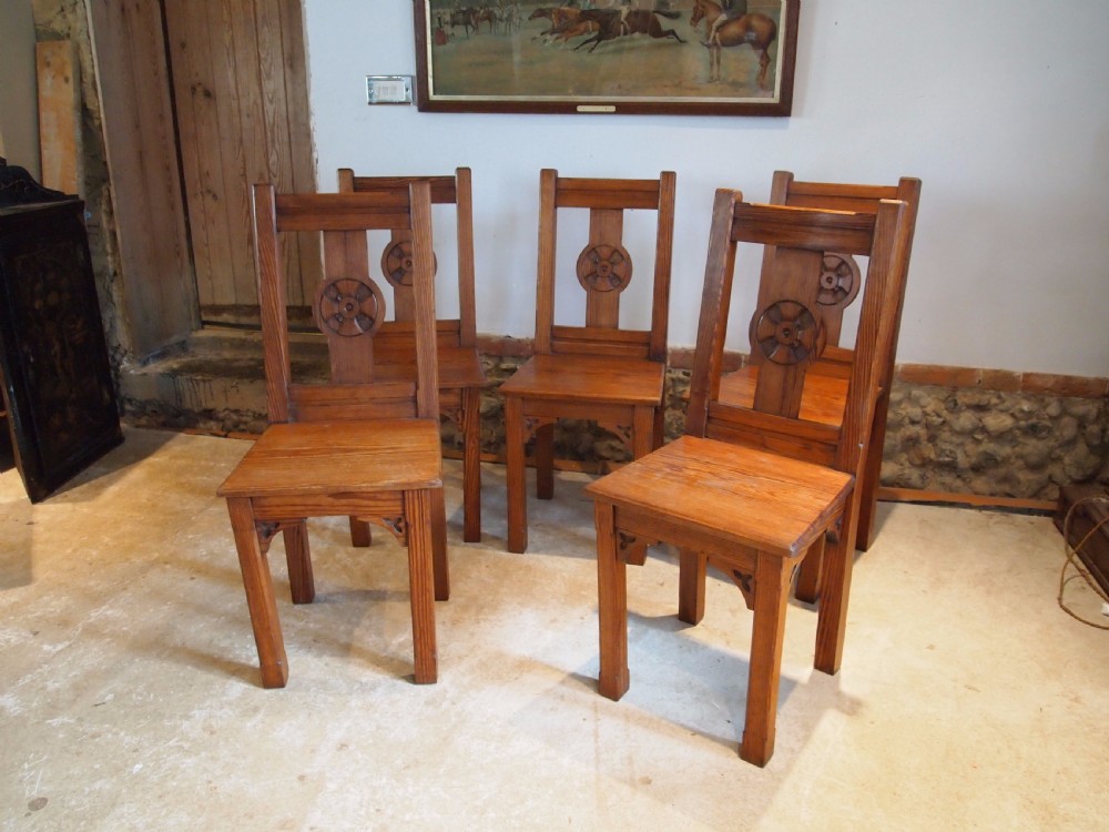 Chairs set of 5 Arts and Crafts pitch Pine chairs c1890