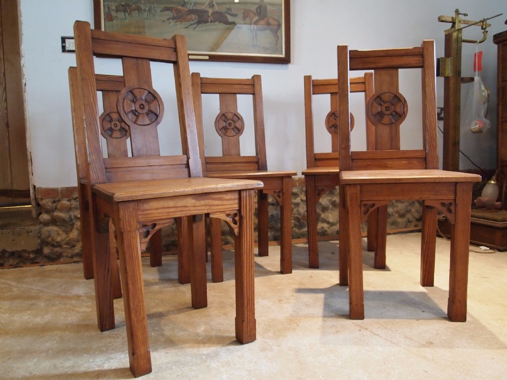 Chairs set of 5 Arts and Crafts pitch Pine chairs c1890 View III