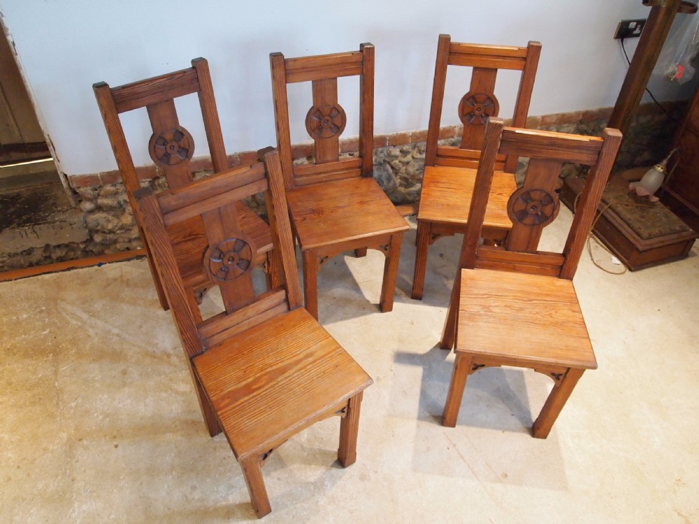 Chairs set of 5 Arts and Crafts pitch Pine chairs c1890 View V