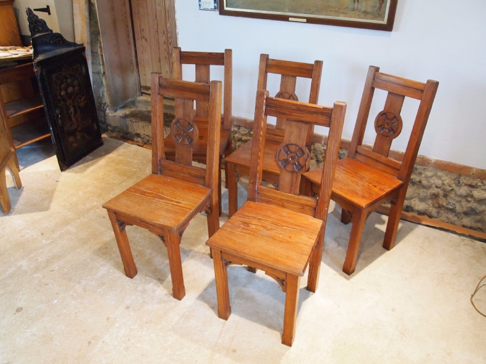 Chairs set of 5 Arts and Crafts pitch Pine chairs c1890 View VIII