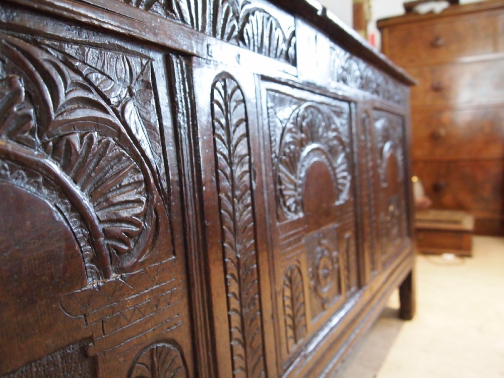 Coffer chest blanket box exceptional Charles II Oak c1680 View III