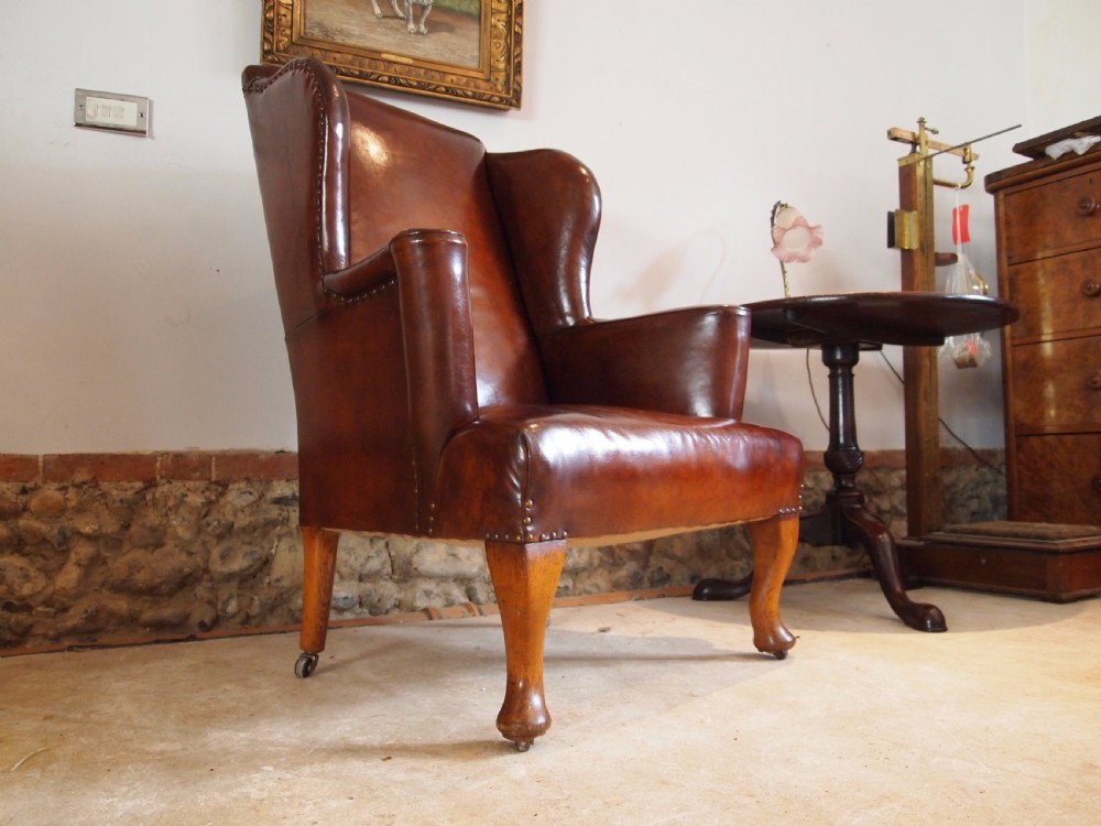 Chair armchair fine Victorian Chestnut  Leather wing back c1880 View VII