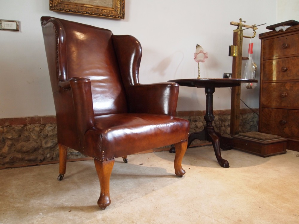 Chair armchair fine Victorian Chestnut  Leather wing back c1880 View XII