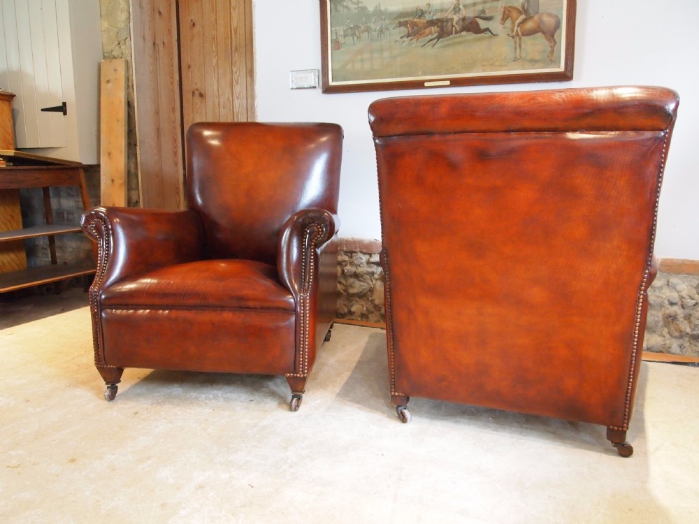 Armchairs fine pair of Victorian Chestnut leather club chairs c1880 View III