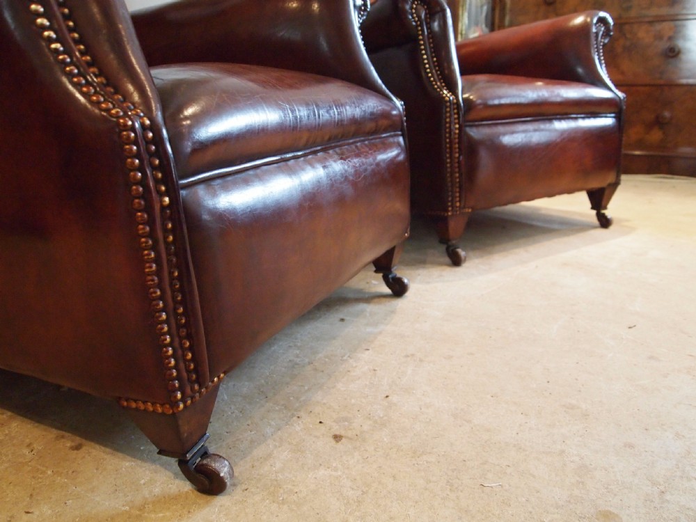 Armchairs fine pair of Victorian Chestnut leather club chairs c1880 View IV