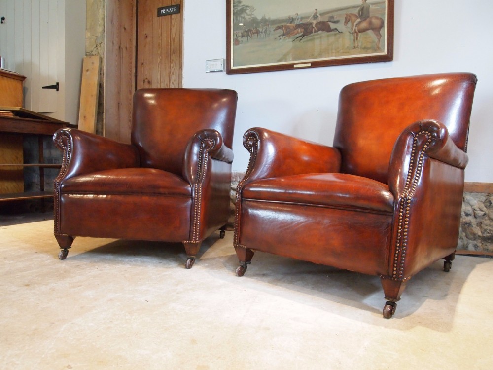 Armchairs fine pair of Victorian Chestnut leather club chairs c1880 View V