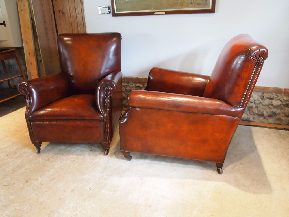 Armchairs fine pair of Victorian Chestnut leather club chairs c1880 View VI